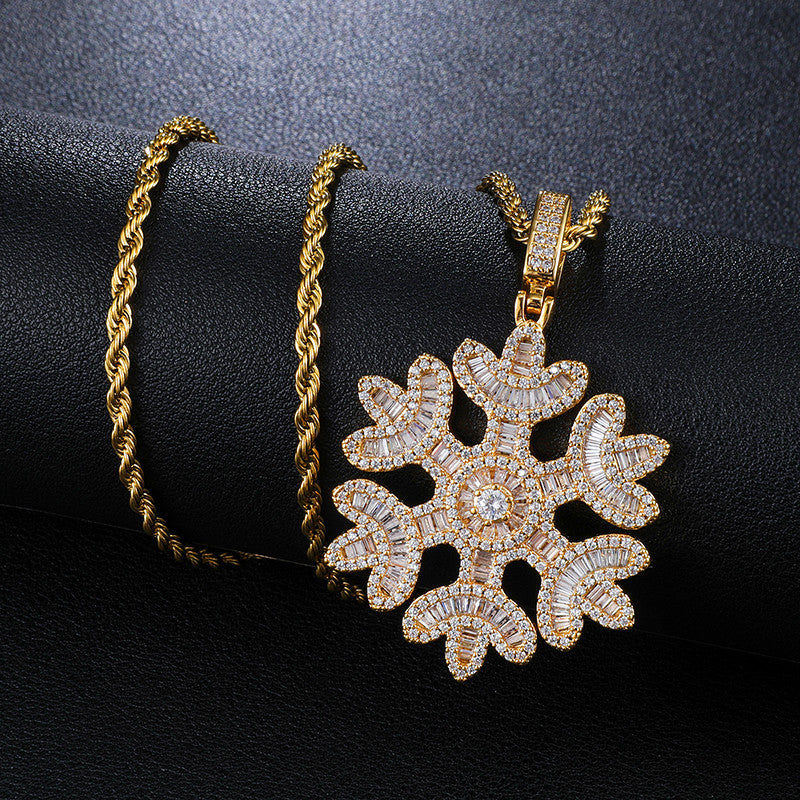 Snowfall Flooded Ice Princess Cut AAA Micro Pave Snowflake Hip Hop Pendant Chain Necklace