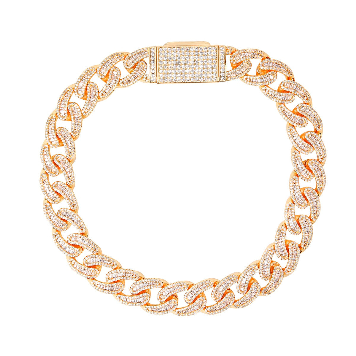 Total Ice White Yellow Gold 18mm Baguette Solid Back Cuban Link Hip Hop Chain Necklaces