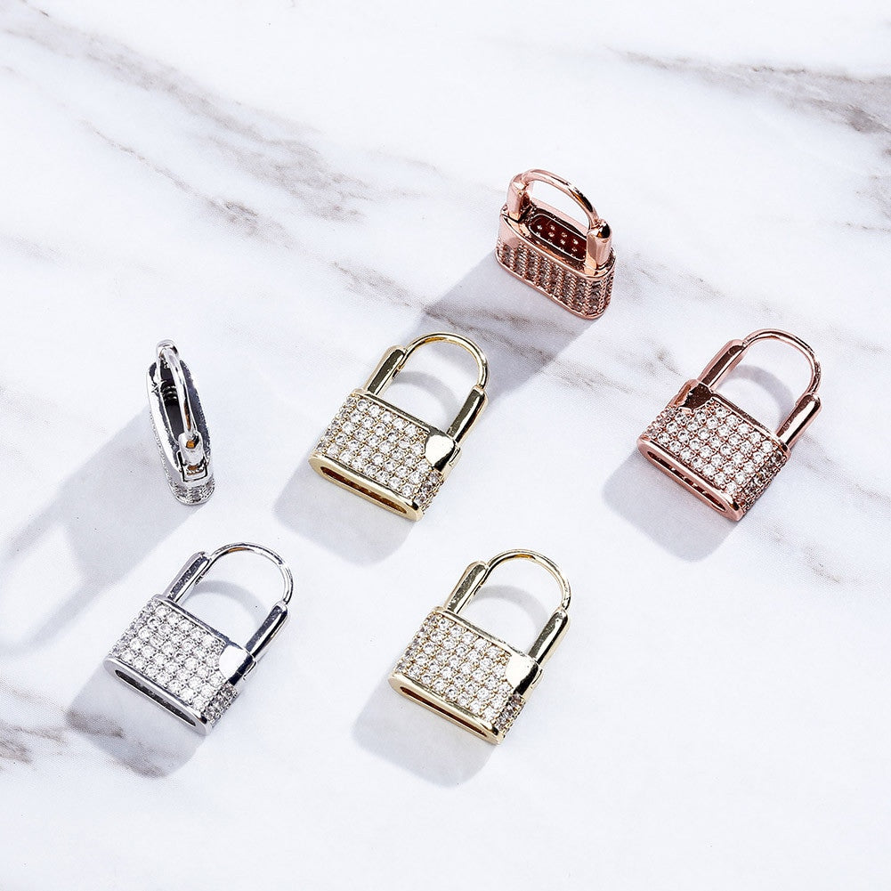 14k Silver Rose Gold Hip Hop Flooded Ice On Lock AAA Micro Pave Bling Earrings