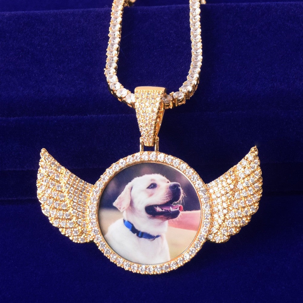 Flooded Ice Angel Wings Solid Back Custom Photo Picture Pendant Chain Necklace
