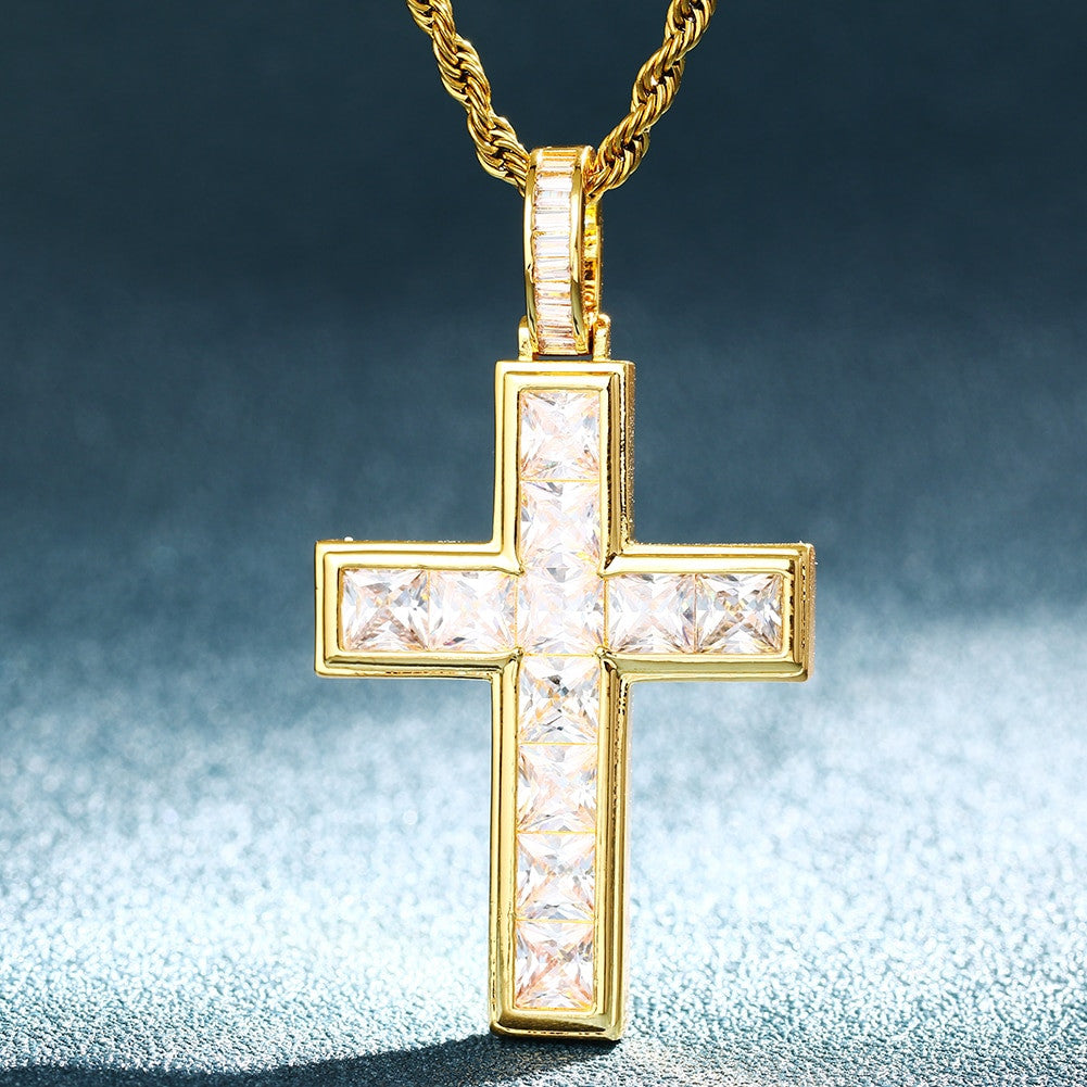 Mens Deep Set Princess Cut Stone Spiritual Cross Pendant Chain Necklace