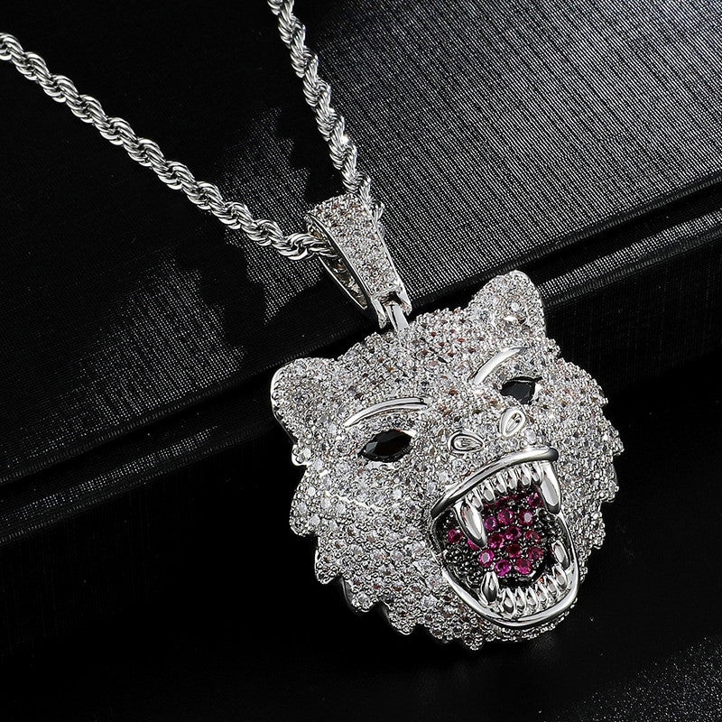 Hip Hop 14k Gold White Gold Flooded Ice Wolf Head Bling Pendant Chain Necklace