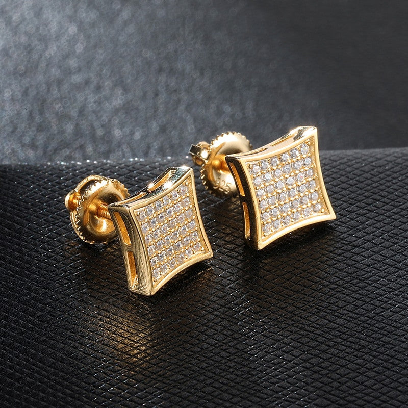 AAA Full Micro Pave Square Bling 14k Gold Iced Stud Earrings