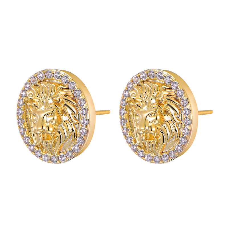 AAA Micro Paved King Lion Head Flooded Ice 14k Gold Bling Earrings
