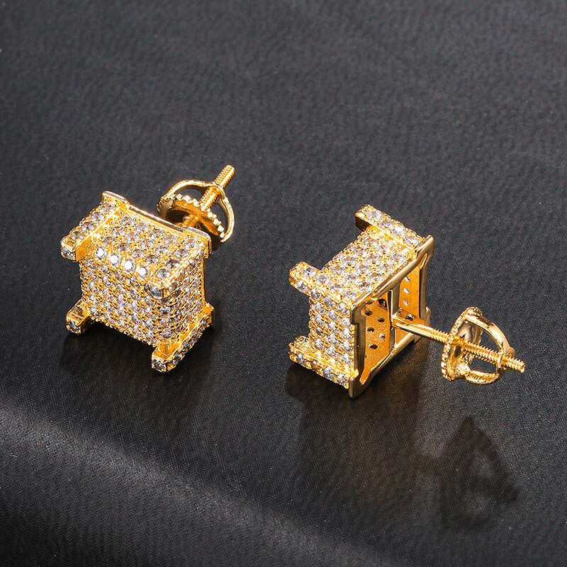 9mm Bling Flooded Ice Micro Full Pave AAA Stone Square Block Boy Hip Hop Earrings