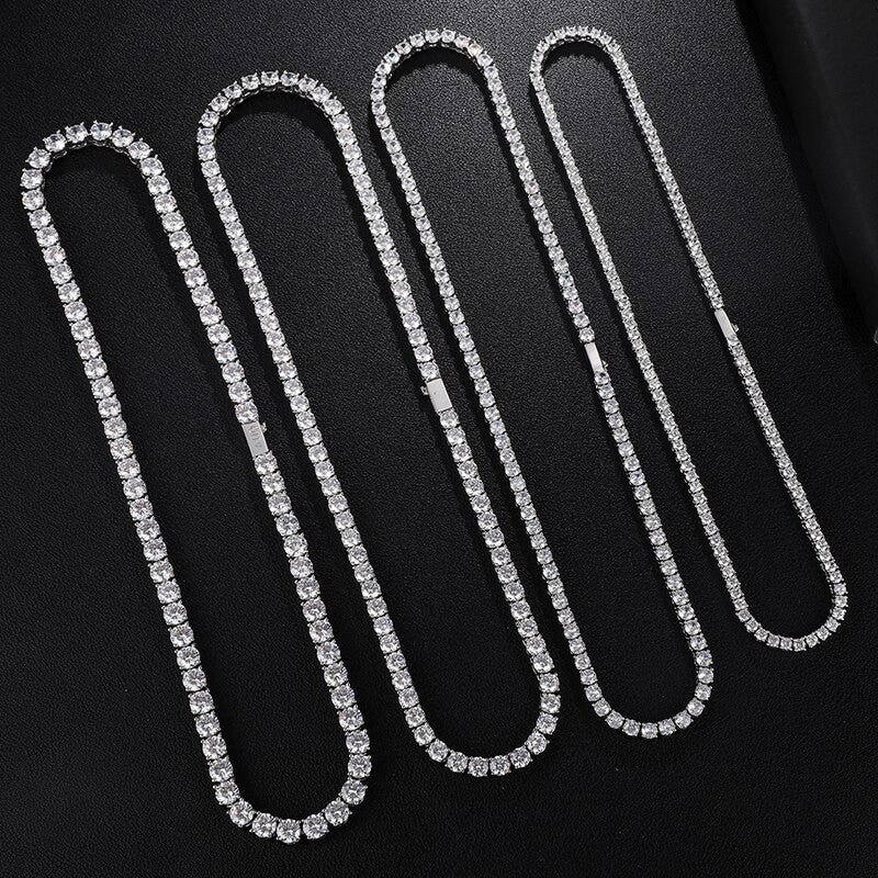 925 Silver 14k Gold Hip Hop 1 Row AAA Stone Bling Spring Clasp Tennis Chain Necklace