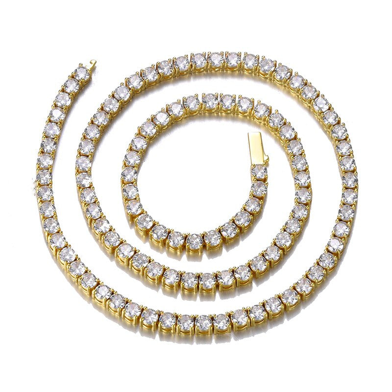 925 Silver 14k Gold Hip Hop 1 Row AAA Stone Bling Spring Clasp Tennis Chain Necklace