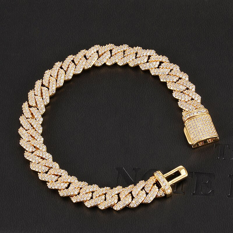 925 Silver 14k Rose Gold Hip Hop 10MM 2 Row Heavy Cuban Micro Pave Bling Box Buckle Bracelet