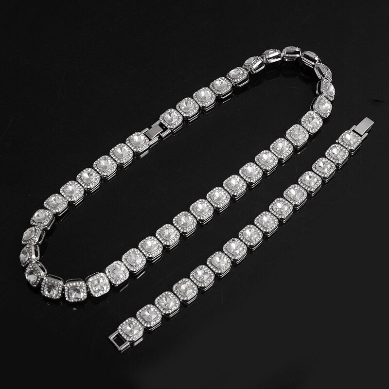 Hip Hop Big Boy 12mm Pave Prong Set AAA Center Stone Flooded Ice Chain Necklace Bracelet Set
