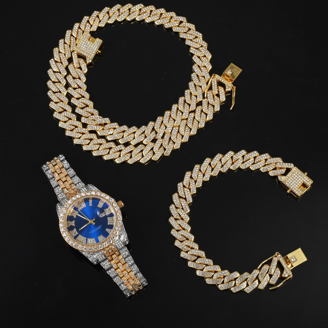 Flooded Ice Presidential Watch Hip Hop 13.5MM 3 Piece Cuban Chain Bracelet Bling Combo Set