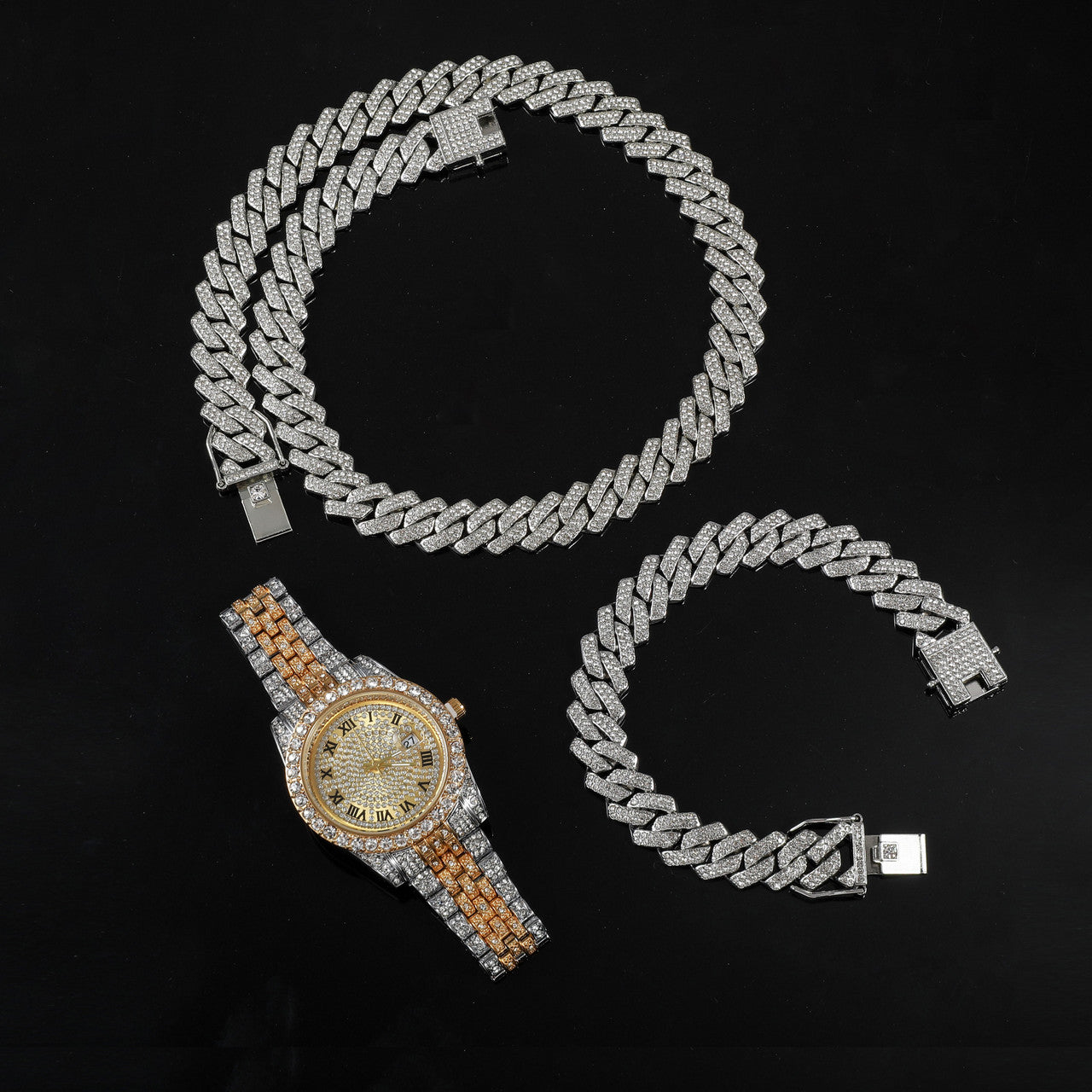 Flooded Ice Presidential Watch Hip Hop 13.5MM 3 Piece Cuban Chain Bracelet Bling Combo Set