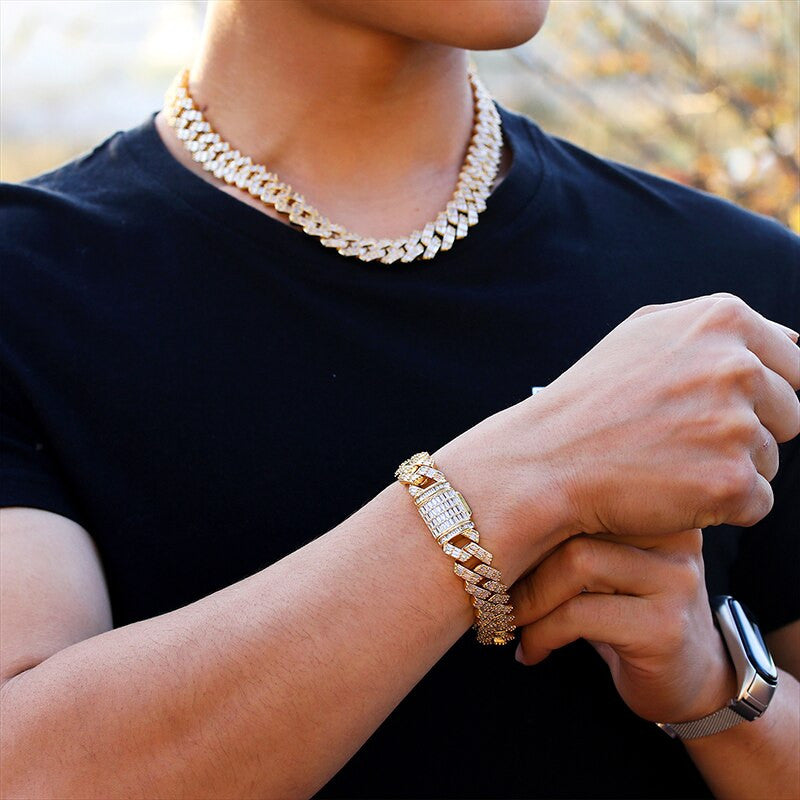 Bust Down 3 Row Baguette Ice Crazy Hip Hop 15MM 18 Inch Cuban Link Chain Necklace