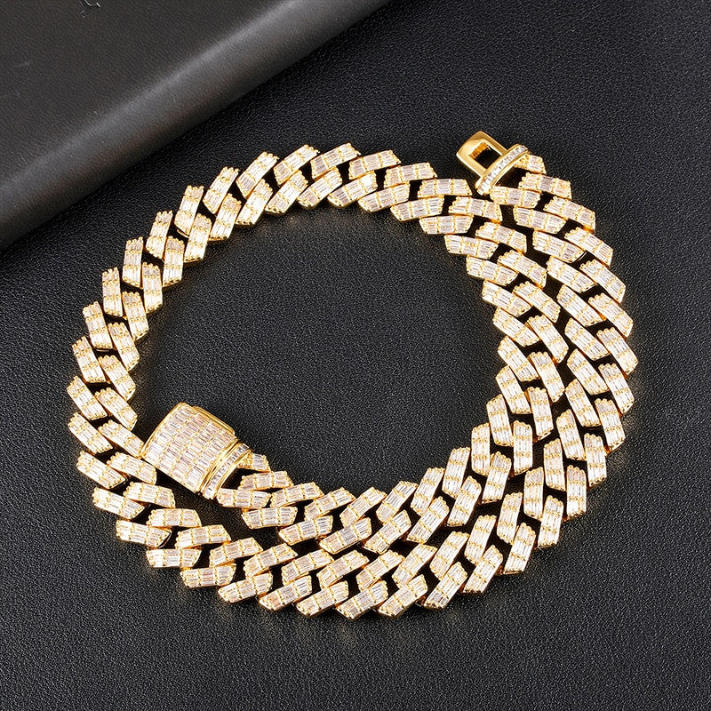 Bust Down 3 Row Baguette Ice Crazy Hip Hop 15MM Cuban Link Chain Necklace