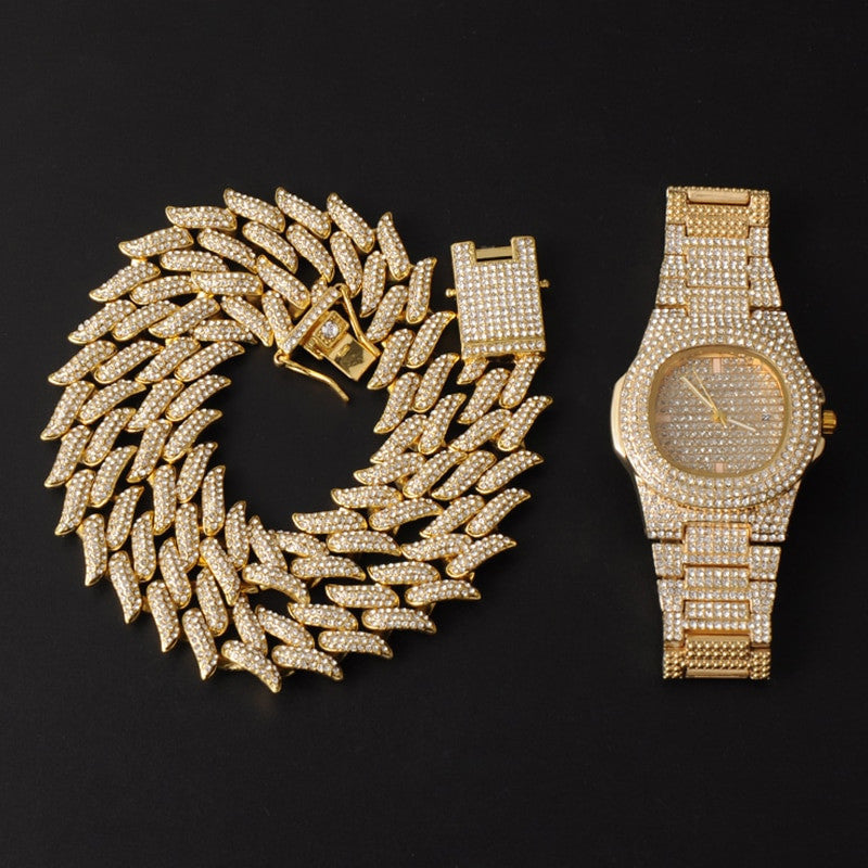 Crown Of Thorns Hip Hop 19MM Flooded Ice 3pcs Watch Necklace Bracelet Combo Set It Off Set