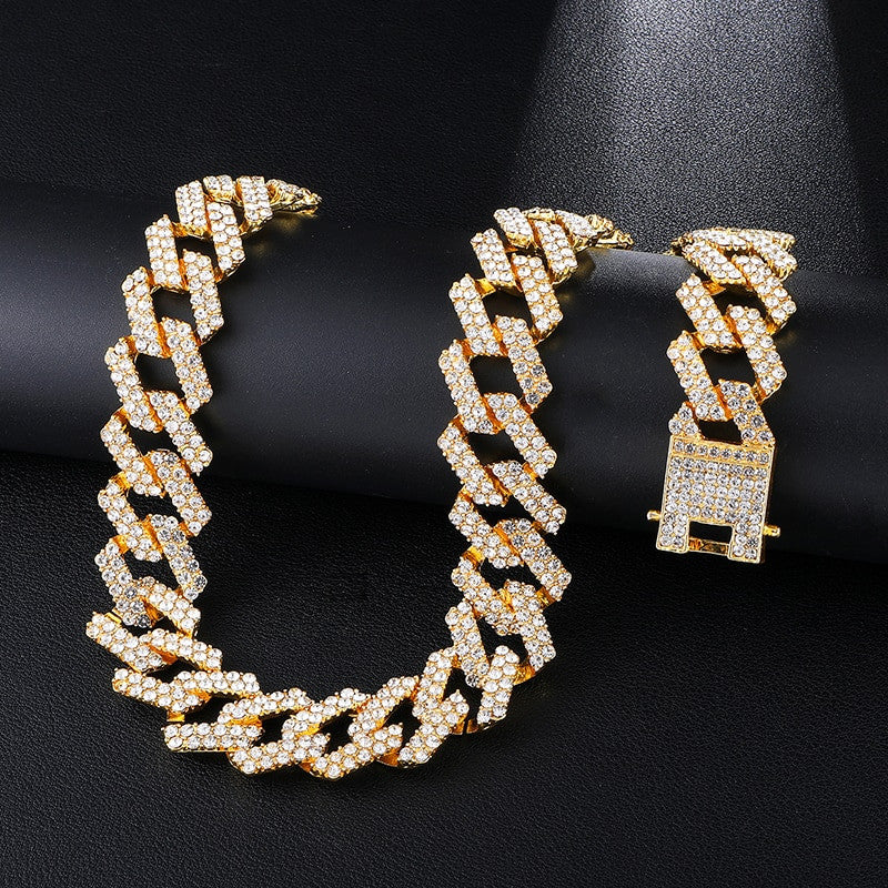 AAA Micro Pave 14k Gold .925 Silver 20mm Cuban Link Chain Necklace Bracelet Jewelry Set