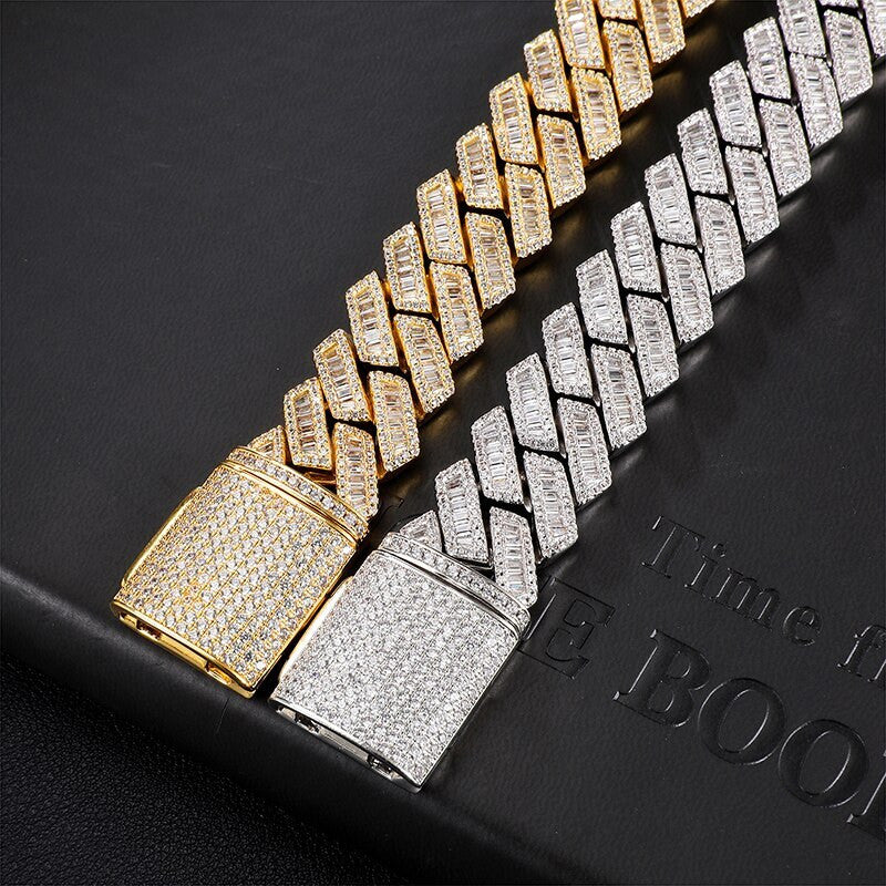 14k White Yellow Gold Hip Hop 21MM 3 Row Baguette Cuban Link Bling Chain Necklace