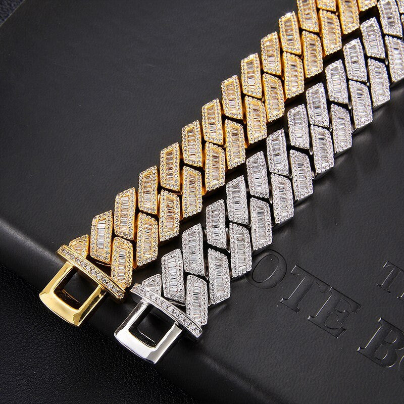 14k White Yellow Gold Hip Hop 21MM 3 Row Baguette Cuban Link Bling Chain Necklace