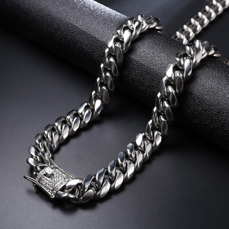Hip Hop Mens Iced Clasp 316L Stainless Steel Cuban Link Bling Bling Chain Necklaces