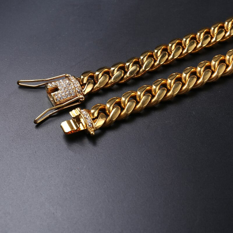 Hip Hop Mens Iced Clasp 316L Stainless Steel Cuban Link Bling Bling Chain Necklaces
