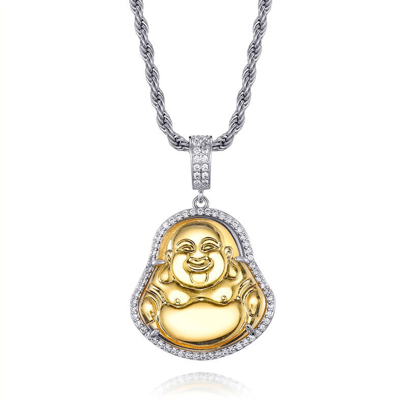 14k Gold Stainless Steel Hip Hop 8 Colors Flooded Ice Buddha Pendant Chain Necklace