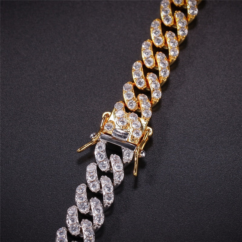 Hip Hop 10MM Iced AAA Micro Pave Stone Cuban Link 18k Gold .925 Silver Bracelet