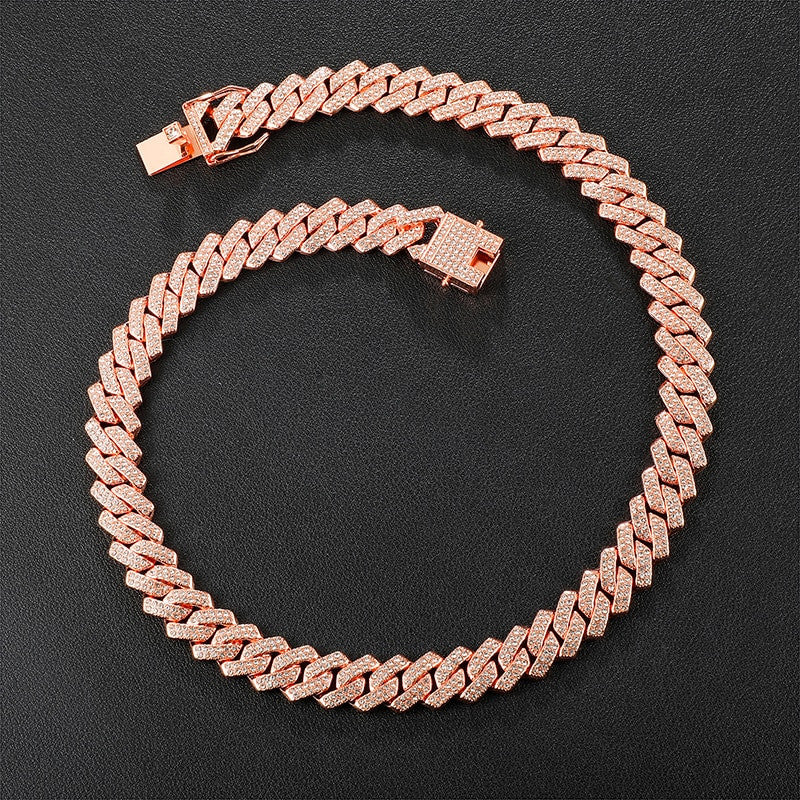 13.5mm Hip Hop Paved Set 14k Silver Rose Gold AAA Bling Miami Cuban Link Chain Necklace