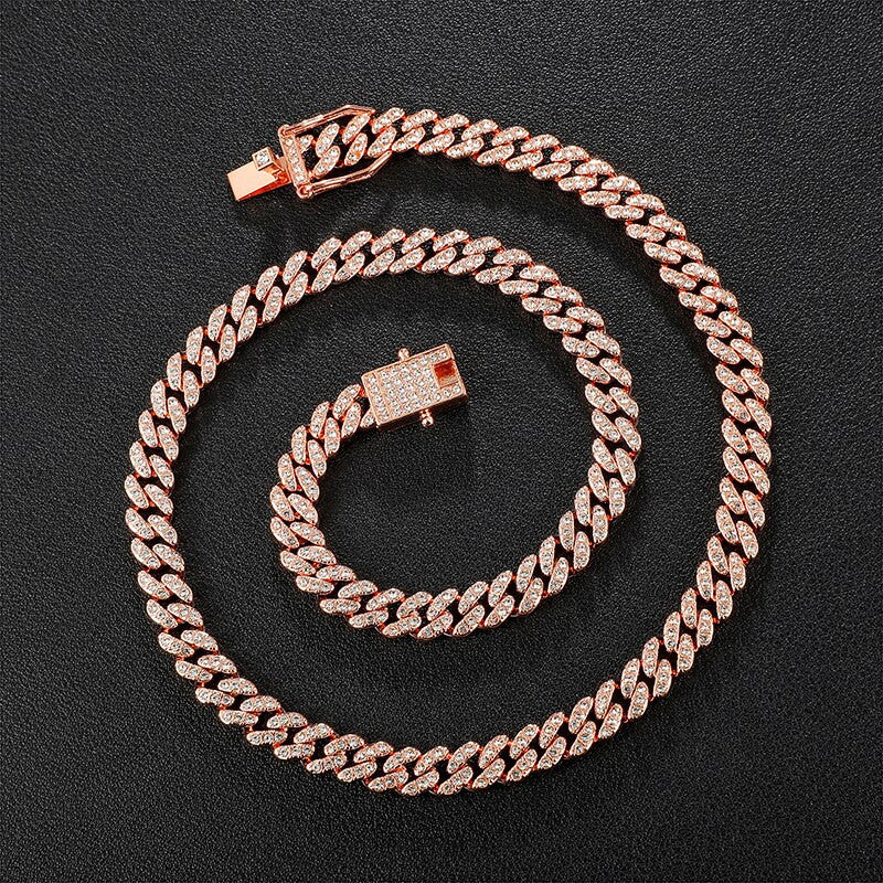 Hip Hop AAA Bling 8MM Prong Set Miami Cuban Link 14k Rose Gold Silver Bling Chain Necklace