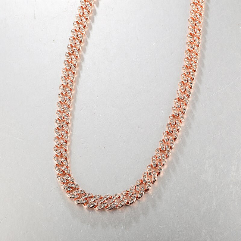 Hip Hop AAA Bling 8MM Prong Set Miami Cuban Link 14k Rose Gold Silver Bling Chain Necklace