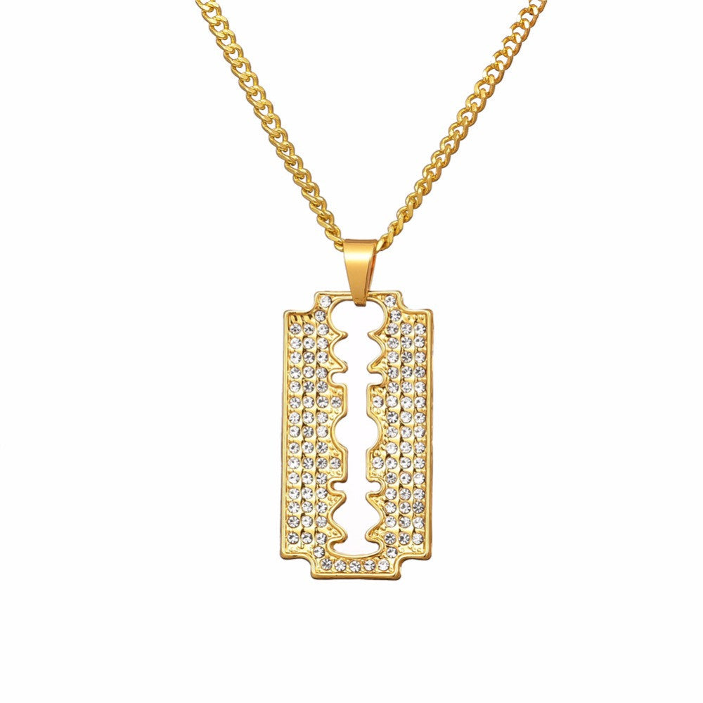 Mens 14k Gold over No Fade Stainless Steel Razor Blade Hip Hop Pendant