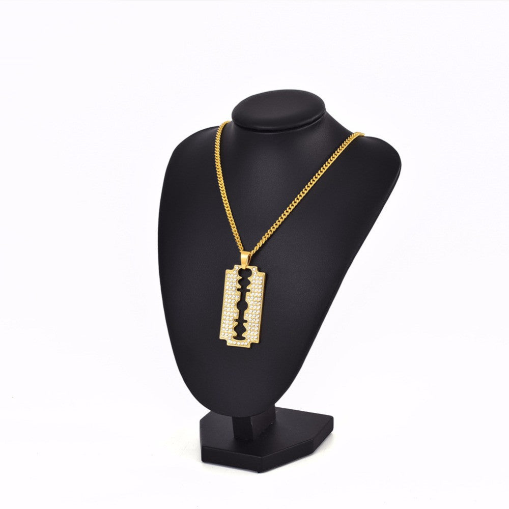 Mens 14k Gold over No Fade Stainless Steel Razor Blade Hip Hop Pendant