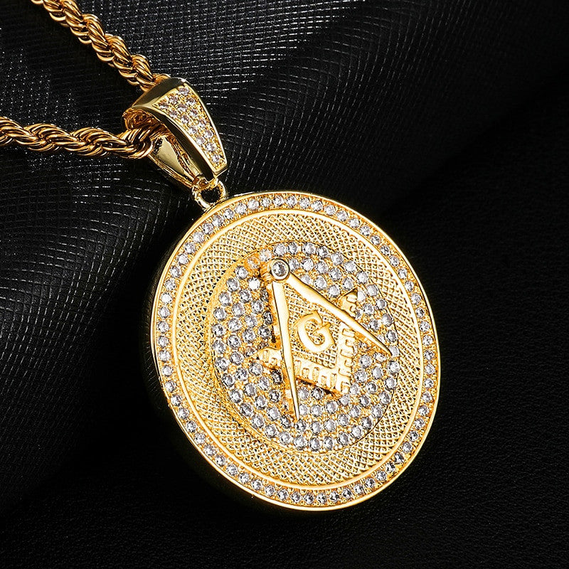 Hip Hop Flooded Ice AAA Micro Pave Stone Masonic 14k Gold Bling Pendant