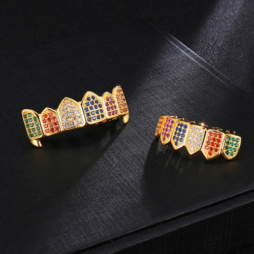Iced Multi-Color Fang Blinged Out Teeth Hip Hop Grillz Top Bottom 14k Gold Set