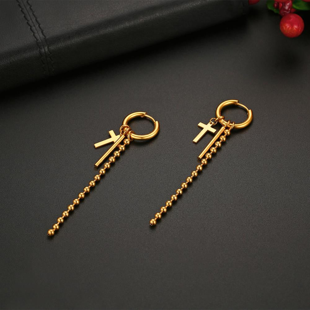 14k Gold Silver Black Stainless Steel Hip Hop Dangling Cross Earrings