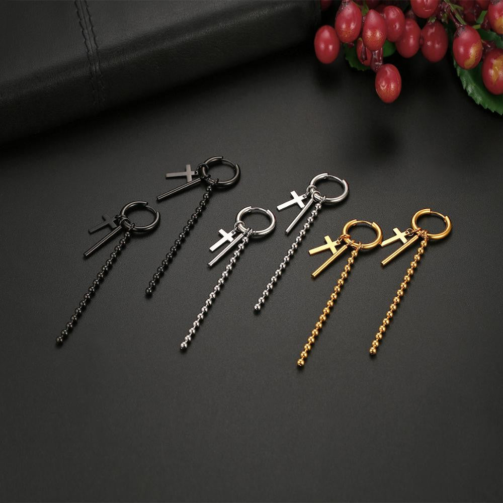 14k Gold Silver Black Stainless Steel Hip Hop Dangling Cross Earrings