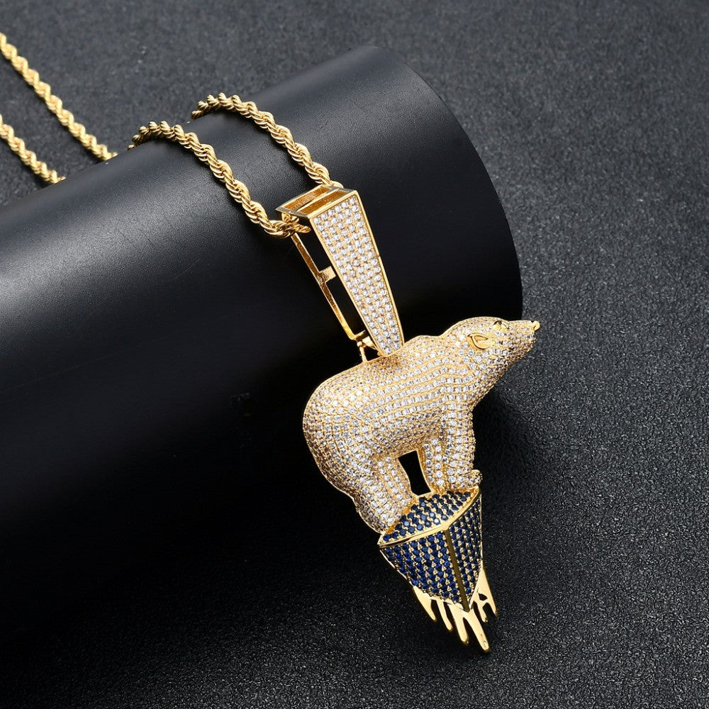 Hip Hop Full AAA 5A+ Micro Pave Stone Polar Bear Iceberg Pendant Chain Necklace