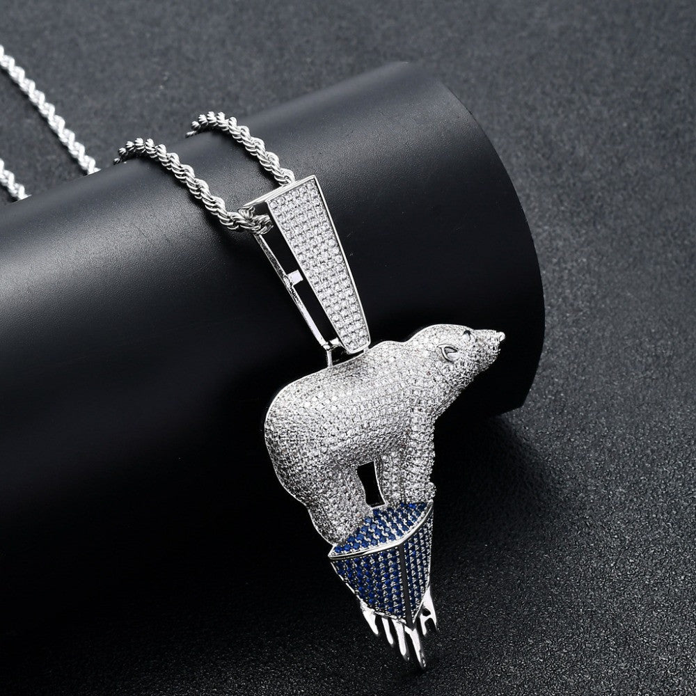Hip Hop Full AAA 5A+ Micro Pave Stone Polar Bear Iceberg Pendant Chain Necklace