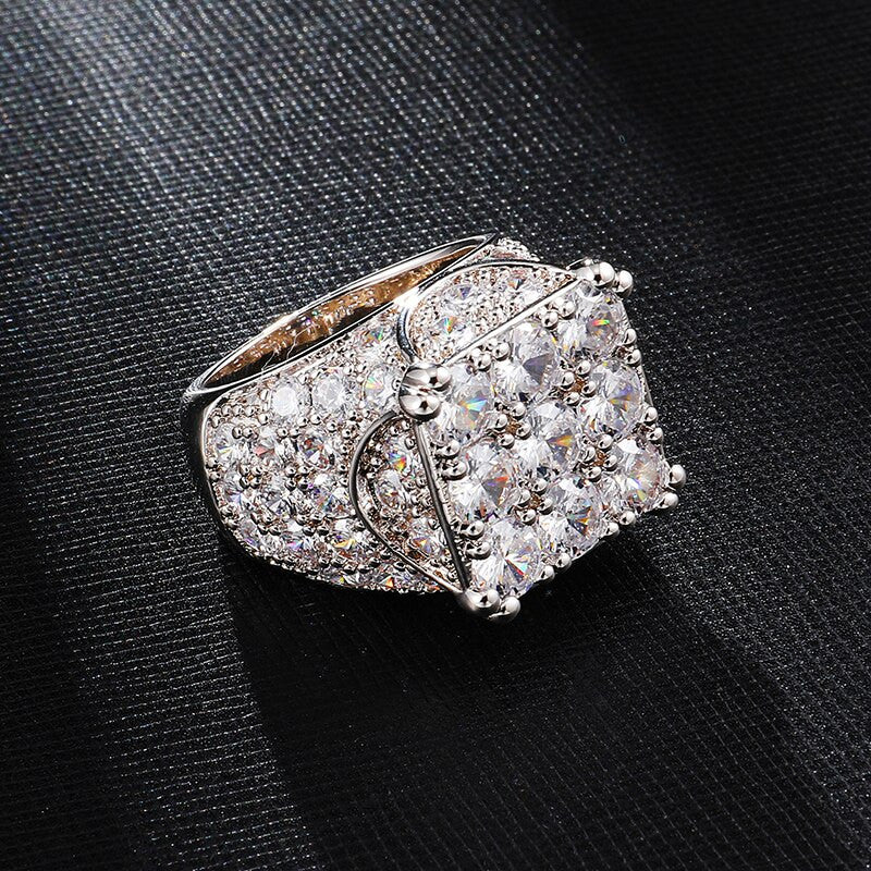 Hip Hop Full AAA Simulate Diamond 14k Gold Silver 9 Cut Bling Iced Rings