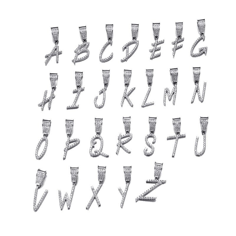 AAA Micro Pave Prong Set Stone Flooded Ice Script Initial Letter Pendant Chain Necklaces