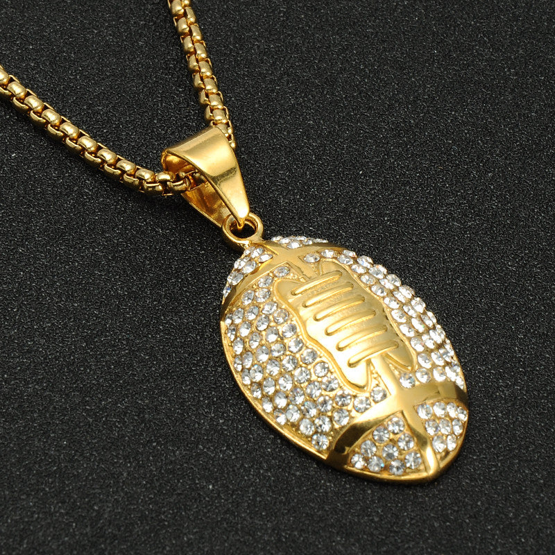 Simulated Diamond Iced Out Football Season Stainless Steel Chain Pendant