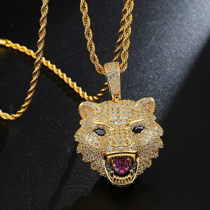 Hip Hop 14k Gold White Gold Flooded Ice Wolf Head Bling Pendant Chain Necklace