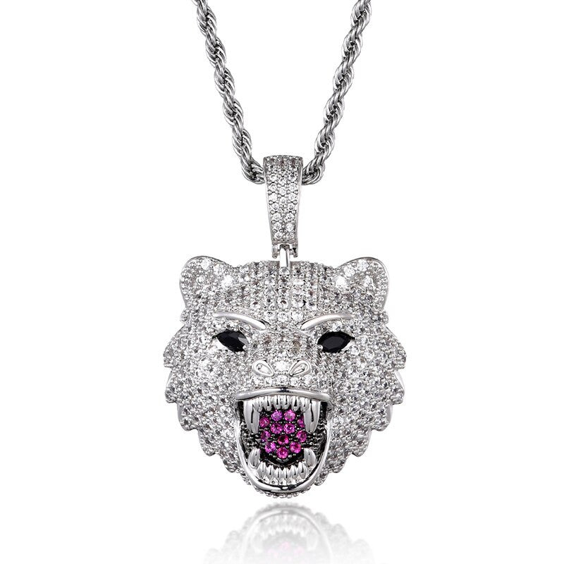 Hip Hop 14k Gold White Gold Flooded Ice Wolf Head Bling Pendant Chain Necklace