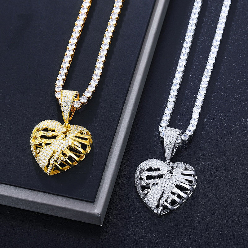 925 Solid Sterling Silver VVS Lab Diamond Hollow Heart Hip Hop Chain Pendant