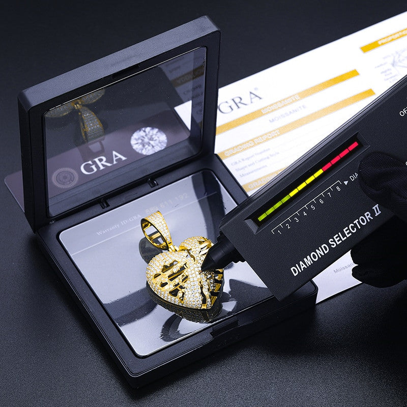 925 Solid Sterling Silver VVS Lab Diamond Hollow Heart Hip Hop Chain Pendant