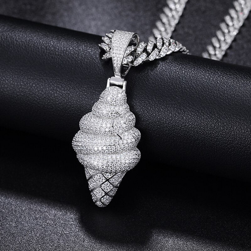925 Solid Sterling Silver VVS Genuine Lab Diamond Ice Cream Cone Hip Hop Pendant Necklace