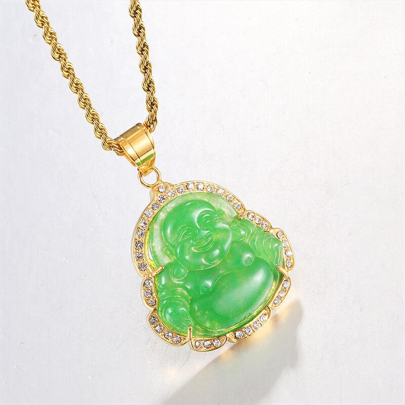 14k Gold over Titanium Steel Buddha Simulate Diamond Bling Pendant Chain Necklace