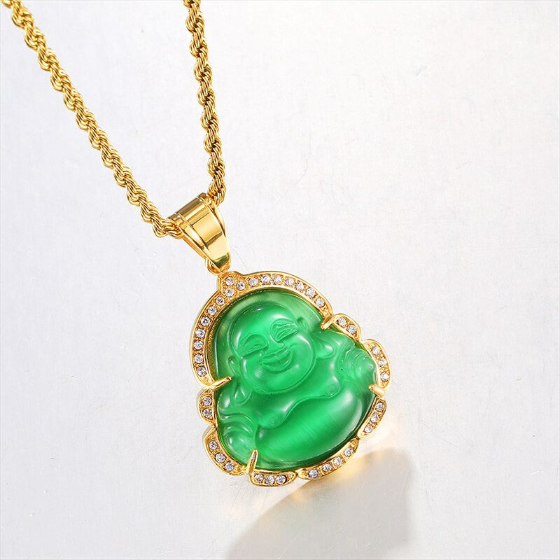 14k Gold over Titanium Steel Buddha Simulate Diamond Bling Pendant Chain Necklace