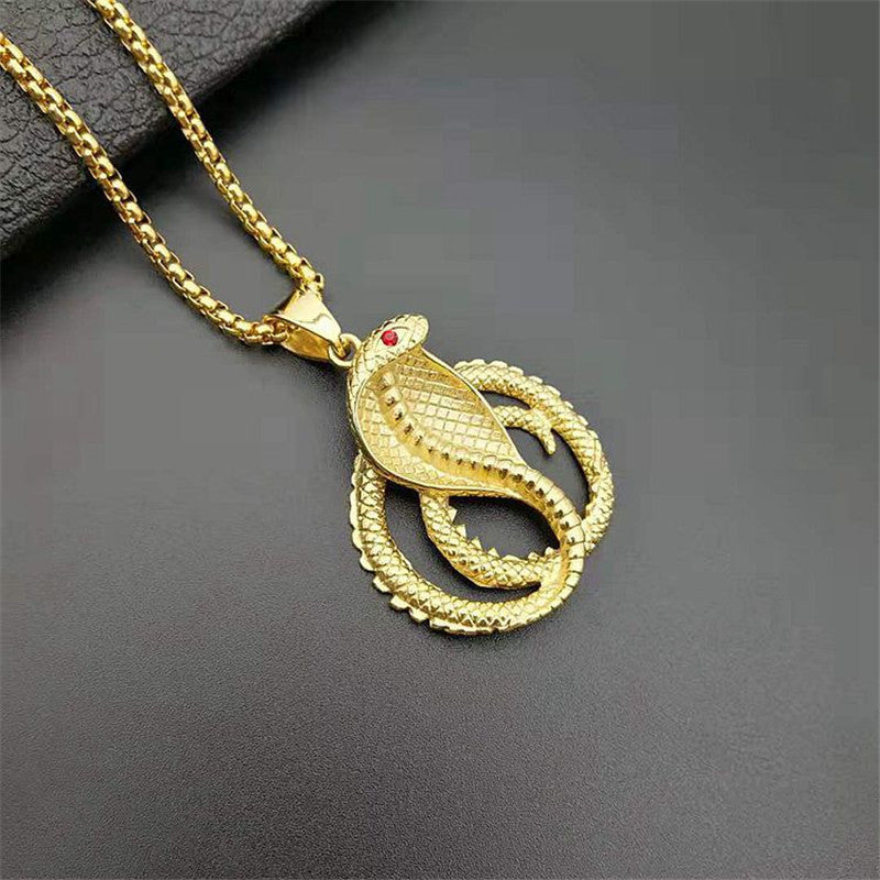 Coiled King Cobra Simulate Diamond 14k Gold over No Fade Stainless Steel Pendant Chain