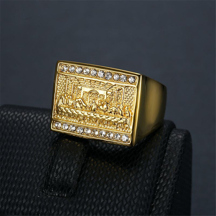 Mens 14k Gold Over No Fade Stainless Steel Jesus Last Supper Bling Rings
