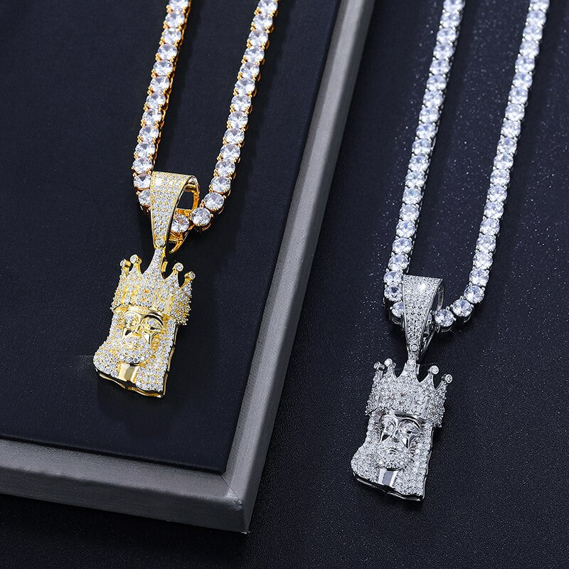 Solid 925 Silver Genuine VVS Diamond King Jesus Crown Hip Hop Chain Pendant