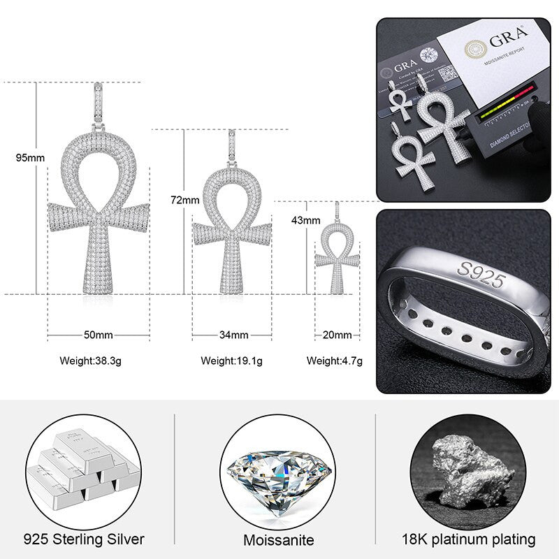 Genuine VVS Diamond Iced Blinged Out Ankh Cross 925 Silver Pendant Chain